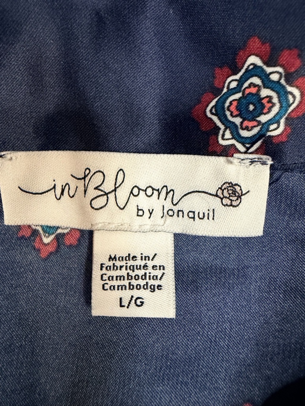 In Bloom Poly Satin Navy Two-Piece Women's Pajama Set with Printed Trim - Picture 5 of 11